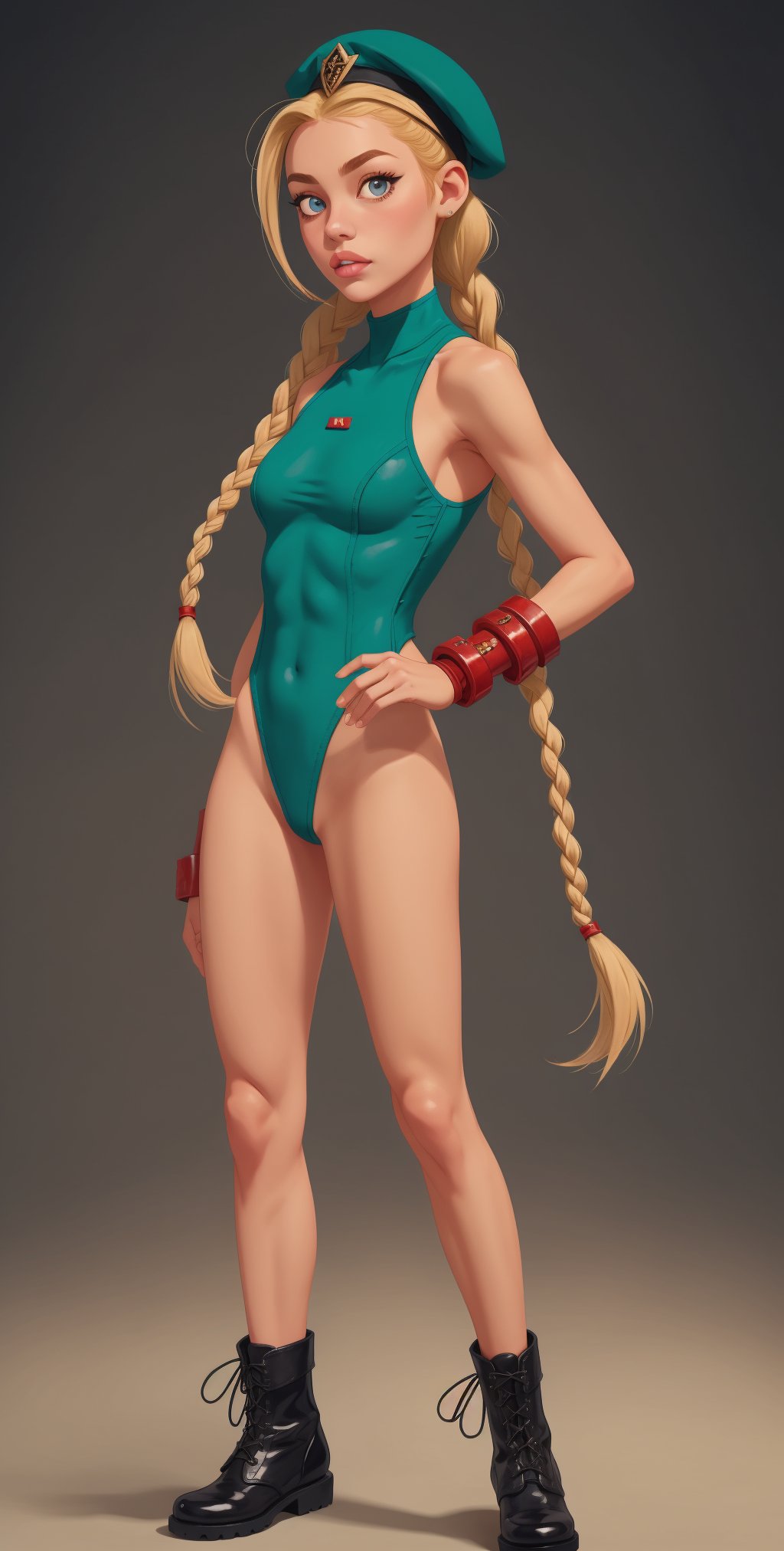 kkw-ph1, 1girl, long_hair, blonde hair, braided pigtails, blue eyes
, red beret
, green thong leotard, turtleneck, sleeveless
, red gauntlets
, black combat boots
  played by AnnemarieKuus,long blonde hair