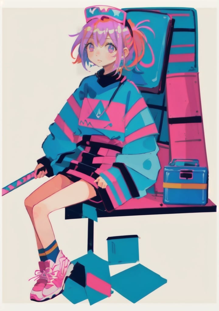 1girl, <lora:clearstyle:0.8>,clearstyle,blue background, sitting, pink hair, shop, simple background,