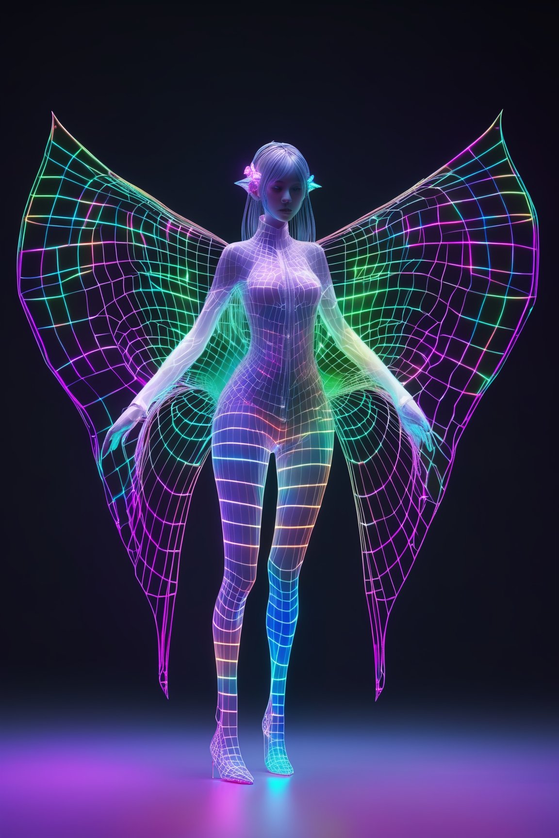 FULL BODY SHOT, 1girl, ((virtual disintegration wireframe rgb:1.32)), (matte skin:1.1)
translucent, transparent, reflection, colorfull, colored, (girl with butterfly wings:0.3)
iridescence holographic Clothing, magic