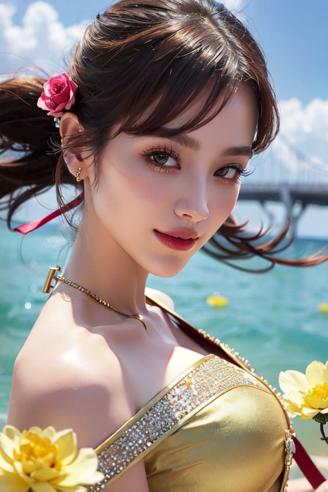 half body, close_up of face, low angle, looking up, beautiful smile, (sparkling and glittering gold tears), sensual expression, floating in clouds, long pony tail hair, ((surrounded by roses)), dream-like, medium (olive skin), (perfect face: 1.3), (face details: 1.3), chiseled jawline, beautiful glistening eyes, floral background, rippling ribbons in background to give heavenly feeling, (ribbons in background), golden flowers, gold sunrays from above giving a heavenly feeling, detailed background, masterpiece, 8k,baifernbah