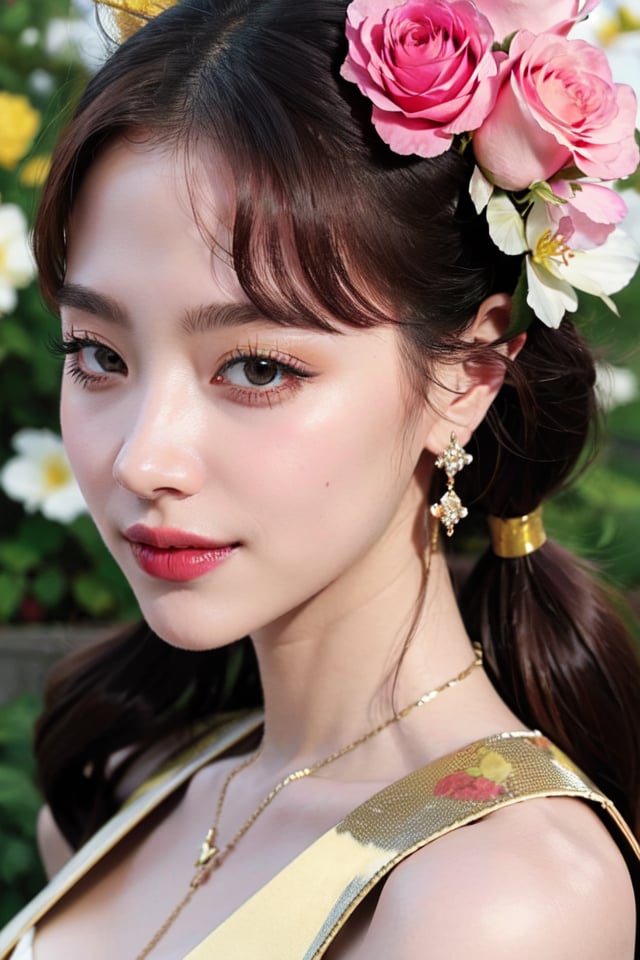 half body, close_up of face, low angle, looking up, beautiful smile, (sparkling and glittering gold tears), sensual expression, floating in clouds, long pony tail hair, ((surrounded by roses)), dream-like, medium (olive skin), (perfect face: 1.3), (face details: 1.3), chiseled jawline, beautiful glistening eyes, floral background, rippling ribbons in background to give heavenly feeling, (ribbons in background), golden flowers, gold sunrays from above giving a heavenly feeling, detailed background, masterpiece, 8k,baifernbah