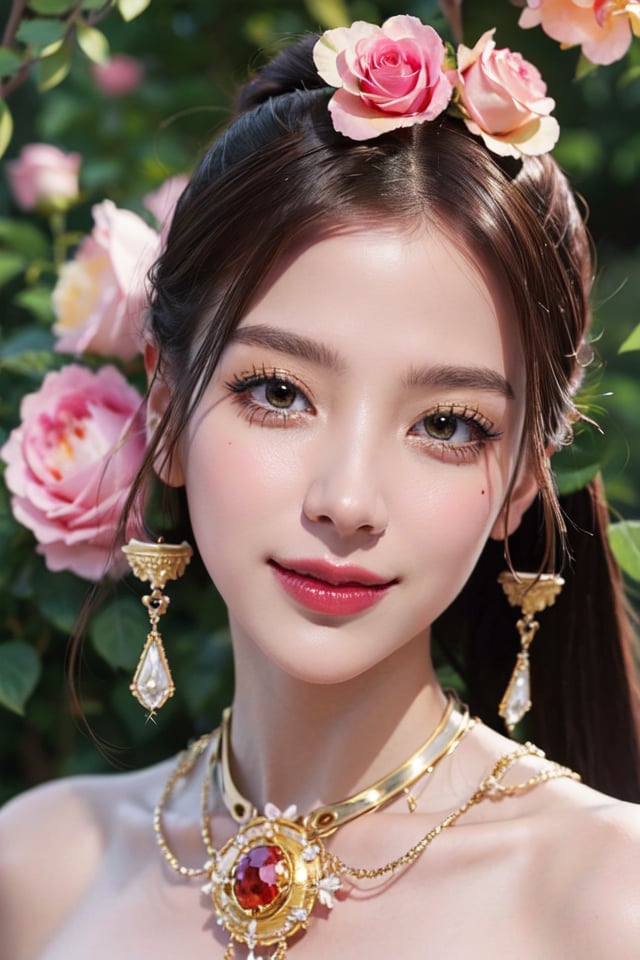 half body, close_up of face, low angle, looking up, beautiful smile, (sparkling and glittering gold tears), sensual expression, floating in clouds, long pony tail hair, ((surrounded by roses)), dream-like, medium (olive skin), (perfect face: 1.3), (face details: 1.3), chiseled jawline, beautiful glistening eyes, floral background, rippling ribbons in background to give heavenly feeling, (ribbons in background), golden flowers, gold sunrays from above giving a heavenly feeling, detailed background, masterpiece, 8k,baifernbah