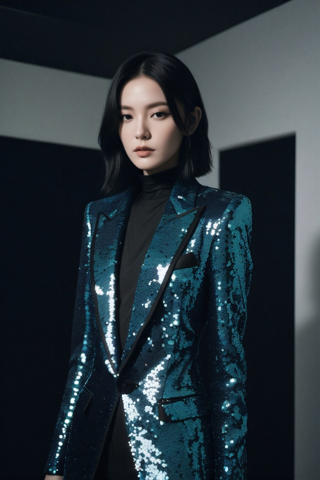 breathtaking lovecraftian horror , eldritch, cosmic horror, unknown, mysterious, surreal, highly detailed, Fujifilm FP-100C, Tom Ford sequin-embellished tuxedo jacket with satin lapels, positive space composition, Rick Owens (瑞克·欧文斯), girl, 1girl, solo . award-winning, professional, highly detailed