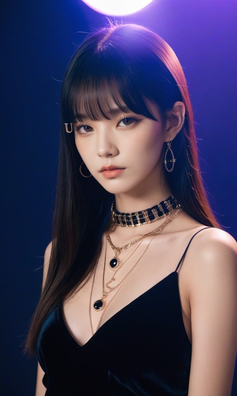 xxmixgirl, a woman in a black dress posing for a picture, “uwu the prismatic person, black light velvet poster, long straight bangs, fashion studio lighting, neck chains, lumi, broadshouldered, elle magazine, half body shot, ssao