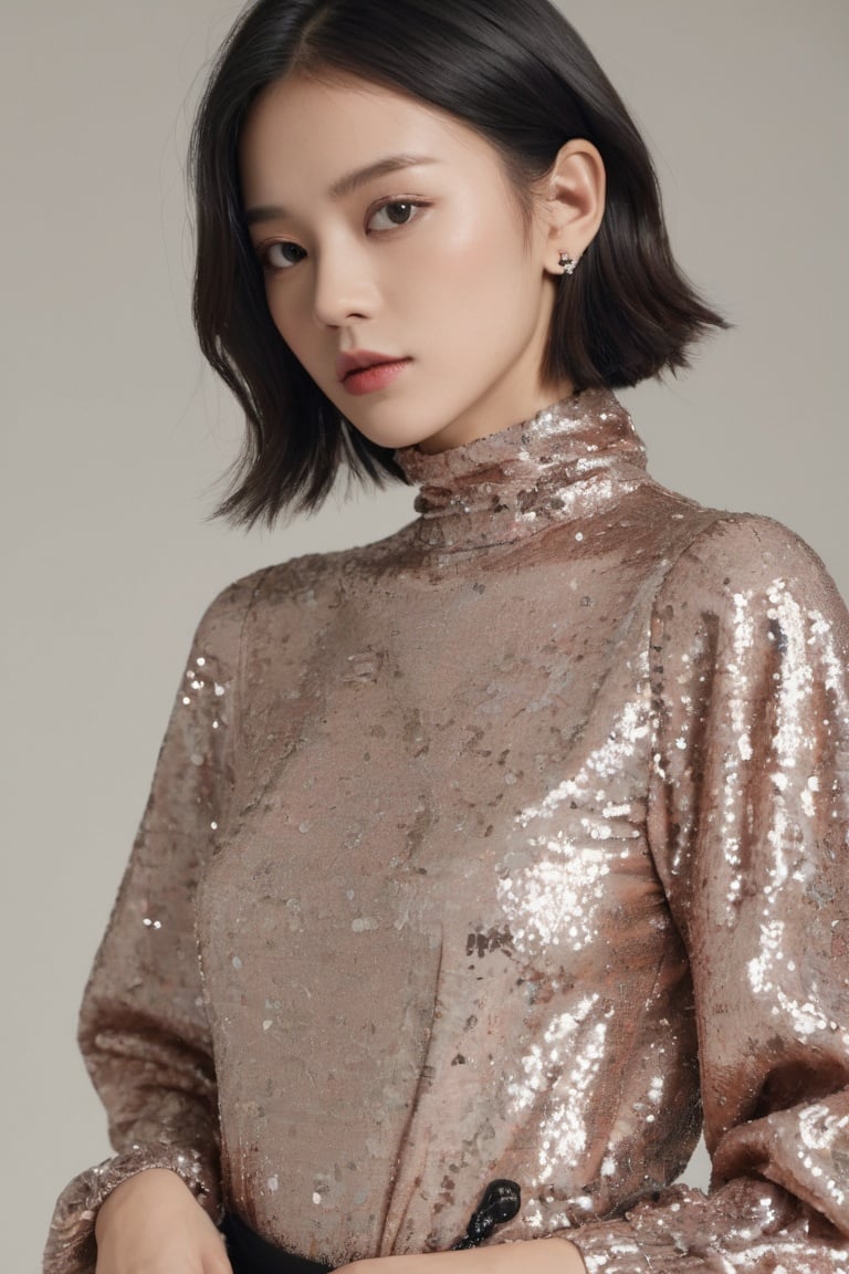 Lanvin sequin-embellished blouse with a high neck and balloon sleeves,Canon EOS 5D Mark IV with Canon EF 24-70mm f/2.8L II,design by 亚历山大·麦昆 (Alexander McQueen) girl,1girl,solo,black eyes,
