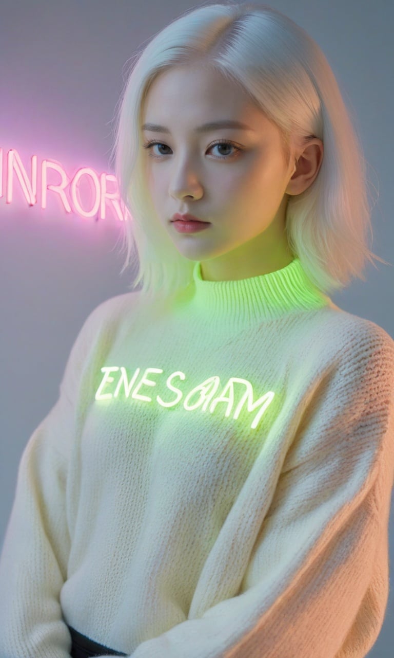 xxmixgirl, A young albino woman holding a neon sign that says "TensorArt" realism, cinematic outfit photo, cinematic pastel lighting, 80s neon movie still, knitted sweater