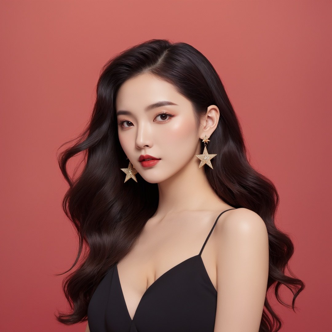 1girl, Hong Kong style retro wave head, Black slip dress Long hair, Big wave, Star earrings, Heavy makeup, Facing the audience, Solid color background, Crimson background,hell