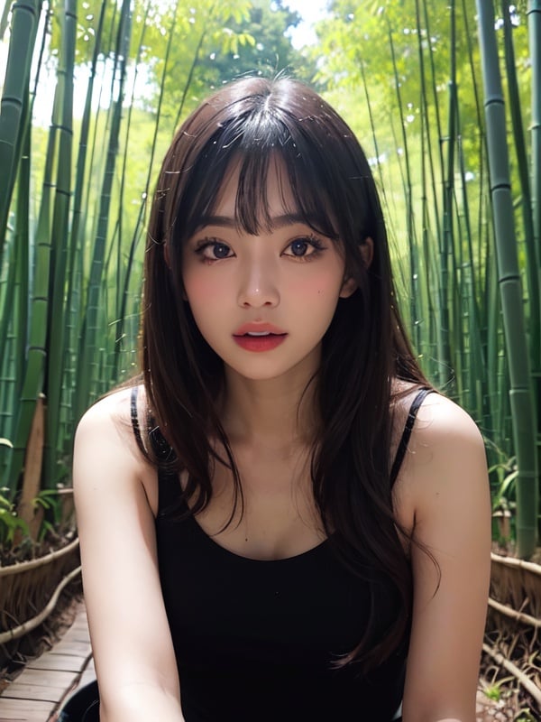 The highest masterpiece, exquisite picture quality, a girl, handsome, exquisite features, detailed facial characterization, 8K picture quality, perfect lighting, melon seed face, long eyelashes, dark green gradient hair, middle part bangs, messy hair, long curly hair, emerald pupils (eyes), delicate smooth skin, light blush, half body, posing, bamboo forest, bamboo leaves, Crane in the sky, There are pavilions and pavilions in the dense bamboo forest