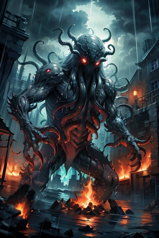 tentacles, monster, eldritch abomination, cloud, no humans, rain, sky, cloudy sky, glowing eyes, fire, glowing, outdoors, building, night, water
,Cthulhu