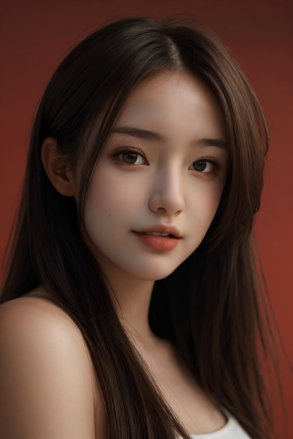 1girl,solo,looking at viewer,Best quality,masterpiece,ultra high res,(photorealistic:1.4),a 20 yo woman,long hair,dark theme, soothing tones, muted colors, high contrast, (natural skin texture, hyperrealism, soft light, sharp),red background,simple background, 1girl,solo,looking at viewer,Best quality,masterpiece,ultra high res,(photorealistic:1.4)