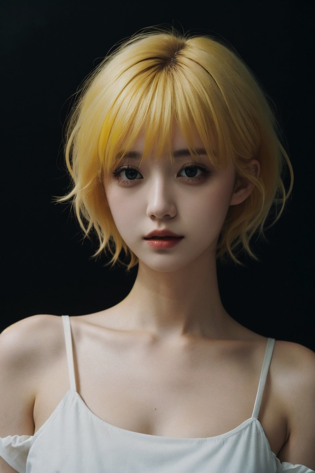 1girl,fluffy short hair,dark theme,yellow hair,messy hair,film grain,fog,black theme,