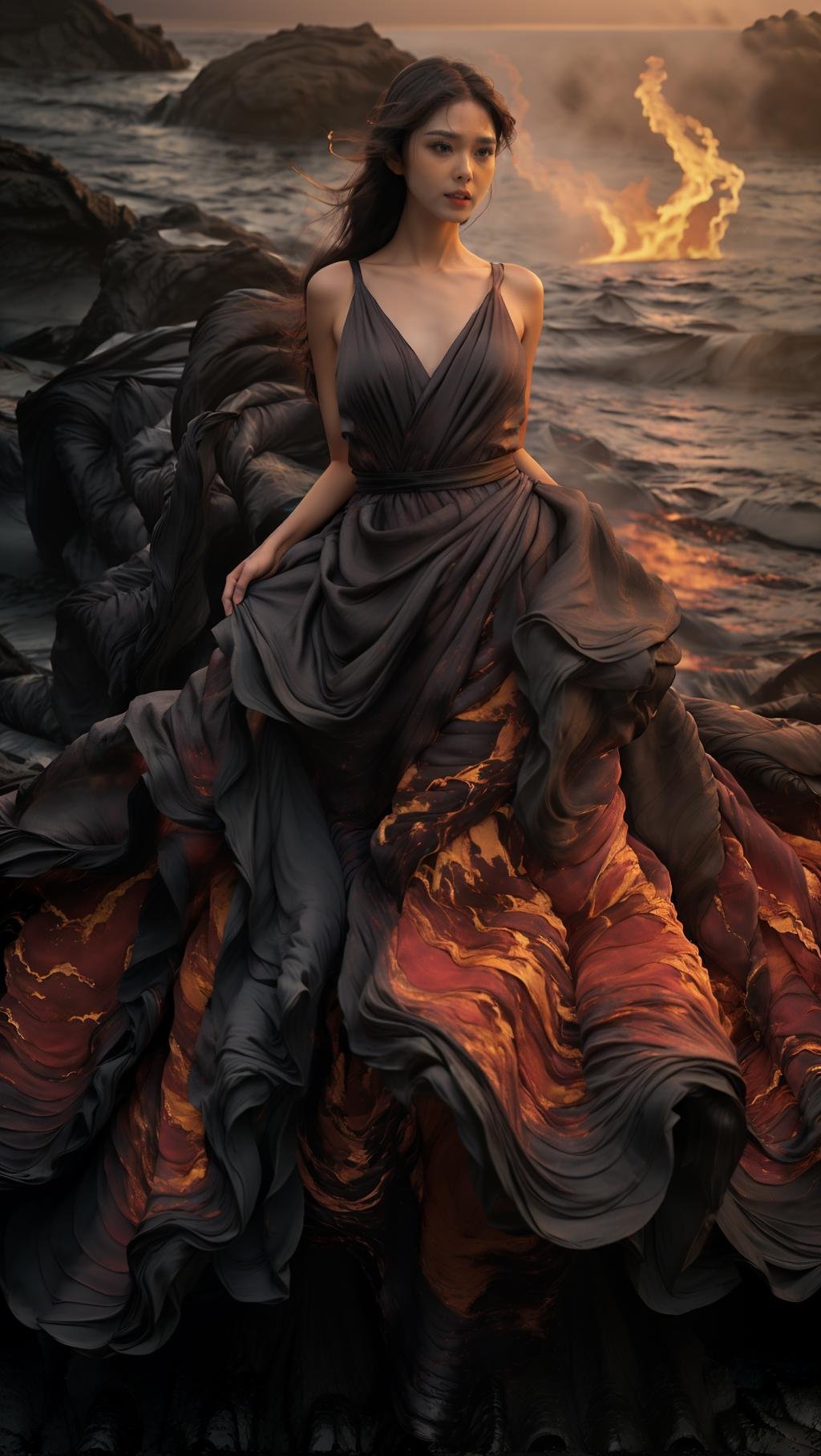 (8k, RAW photo, best quality,masterpiece:1.2),(realistic, photo-realistic:1.37),1girl,long legs, full body,lava dress,simple background,ocean, <lora:lavadress2:1> <lora:dressart_SDLife_Chiasedamme_v1.0:0.6>