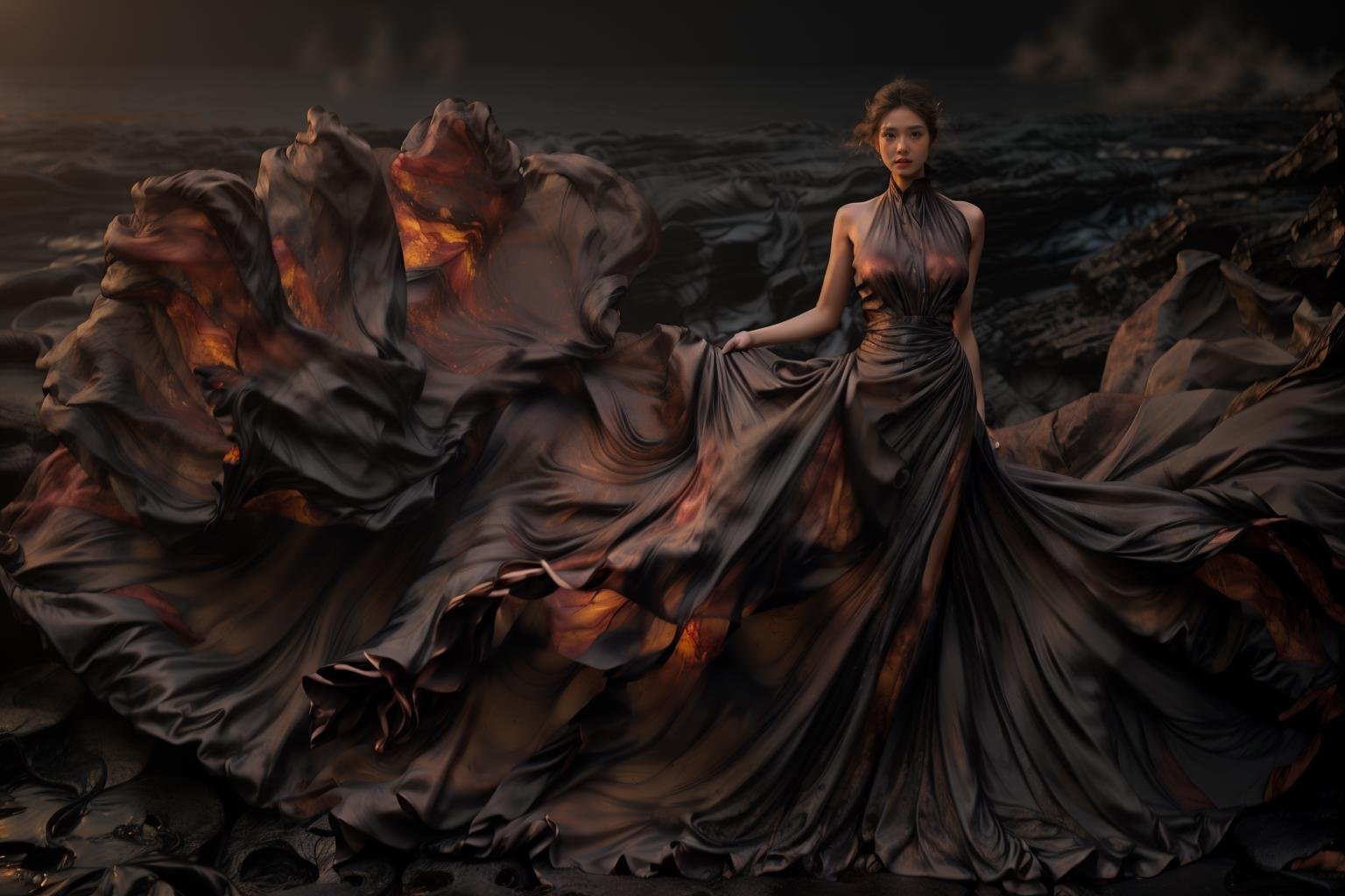 (8k, RAW photo, best quality,masterpiece:1.2),(realistic, photo-realistic:1.37),1girl,long legs, full body,lava dress,simple background,ocean, <lora:lavadress2:1> <lora:dressart_SDLife_Chiasedamme_v1.0:0.6>  <lora:add_detail:0.3> <lora:more_details:0.3> 