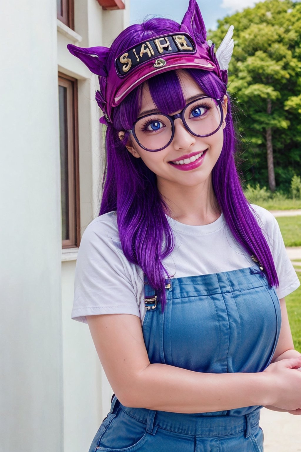 8k,(masterpiece:1.4)(best quality:1.4),(top quality), 1girl,glasses,blue eyes, long hair,purple hair, smiles,short sleeves, wing hat , red shirt,blue overalls, village, outdoors,   looking at viewer, solo focus, (shiny skin) , 