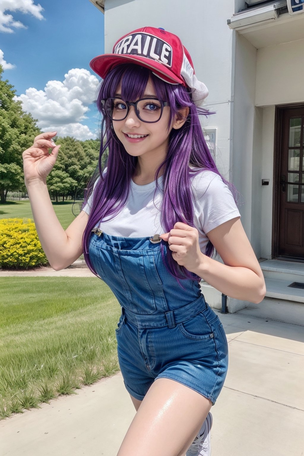 8k,(masterpiece:1.4)(best quality:1.4),(top quality), 1girl,glasses,blue eyes, long hair,purple hair, smiles,short sleeves, wing Baseball cap , arale letter in hat, red shirt,blue overalls, village, outdoors,   looking at viewer, solo focus, (shiny skin) , big_boobies, full-body_portrait, running with 2 hand open