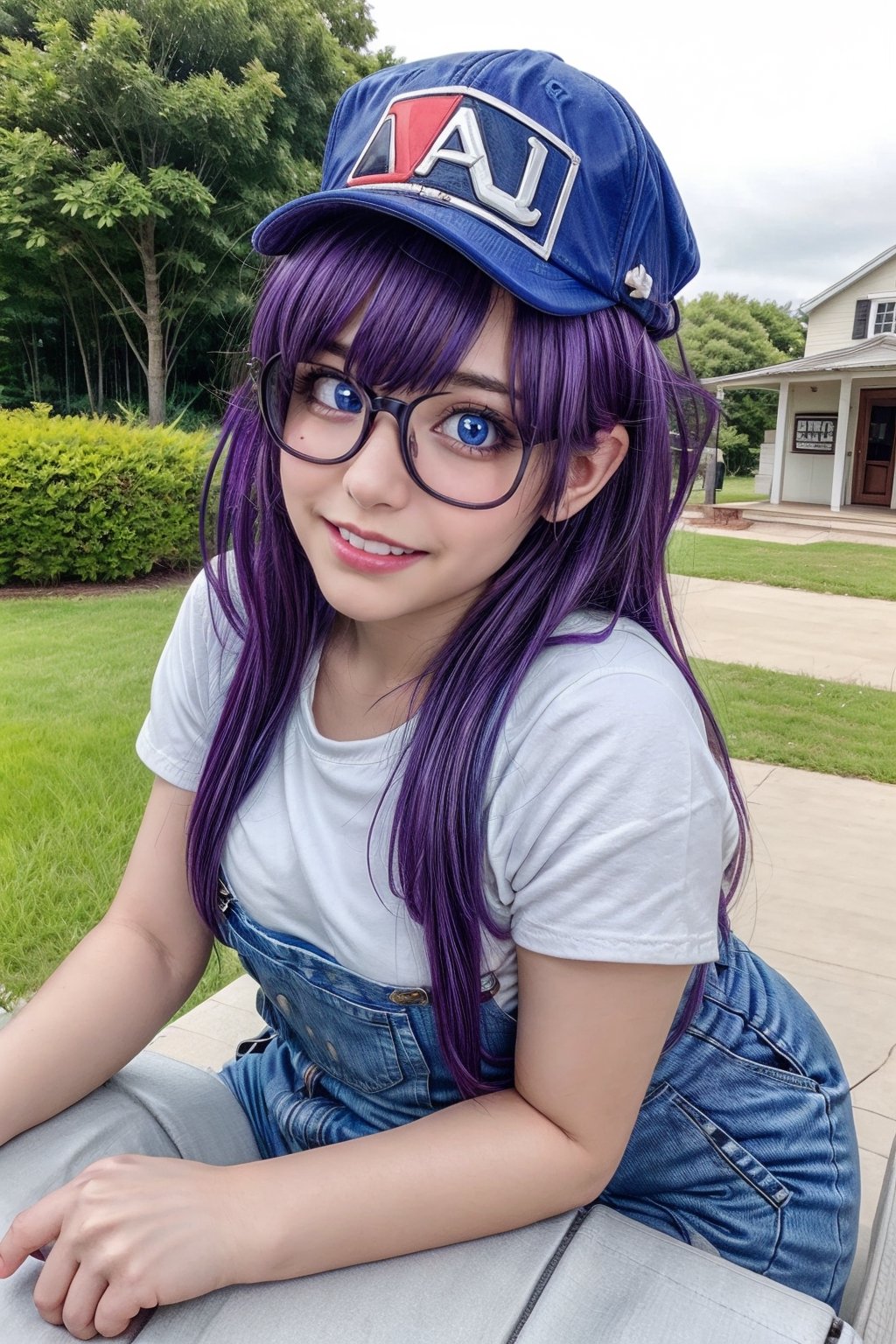 8k,(masterpiece:1.4)(best quality:1.4),(top quality), 1girl,glasses,blue eyes, long hair,purple hair, smiles,short sleeves, wing Baseball cap , arale letter in hat, red shirt,blue overalls, village, outdoors,   looking at viewer, solo focus, (shiny skin) , big_boobies, full-body_portrait, running with 2 hand open, arale