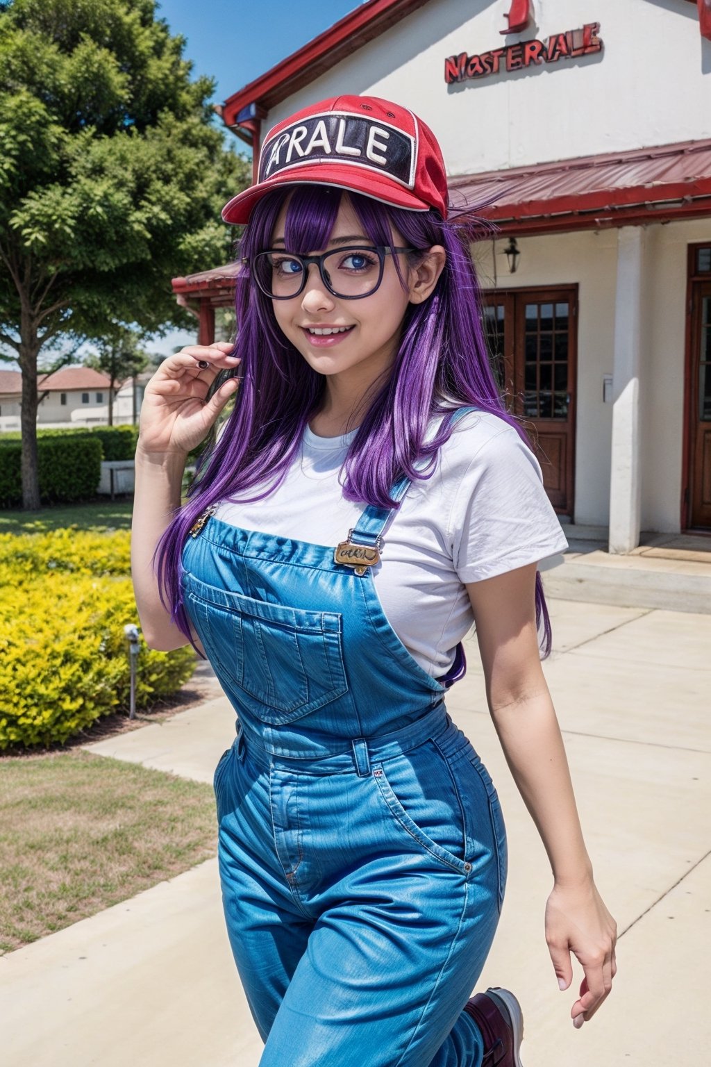 8k,(masterpiece:1.4)(best quality:1.4),(top quality), 1girl,glasses,blue eyes, long hair,purple hair, smiles,short sleeves, wing Baseball cap , arale letter in hat, red shirt,blue overalls, village, outdoors,   looking at viewer, solo focus, (shiny skin) , big_boobies, full-body_portrait, running with 2 hand open