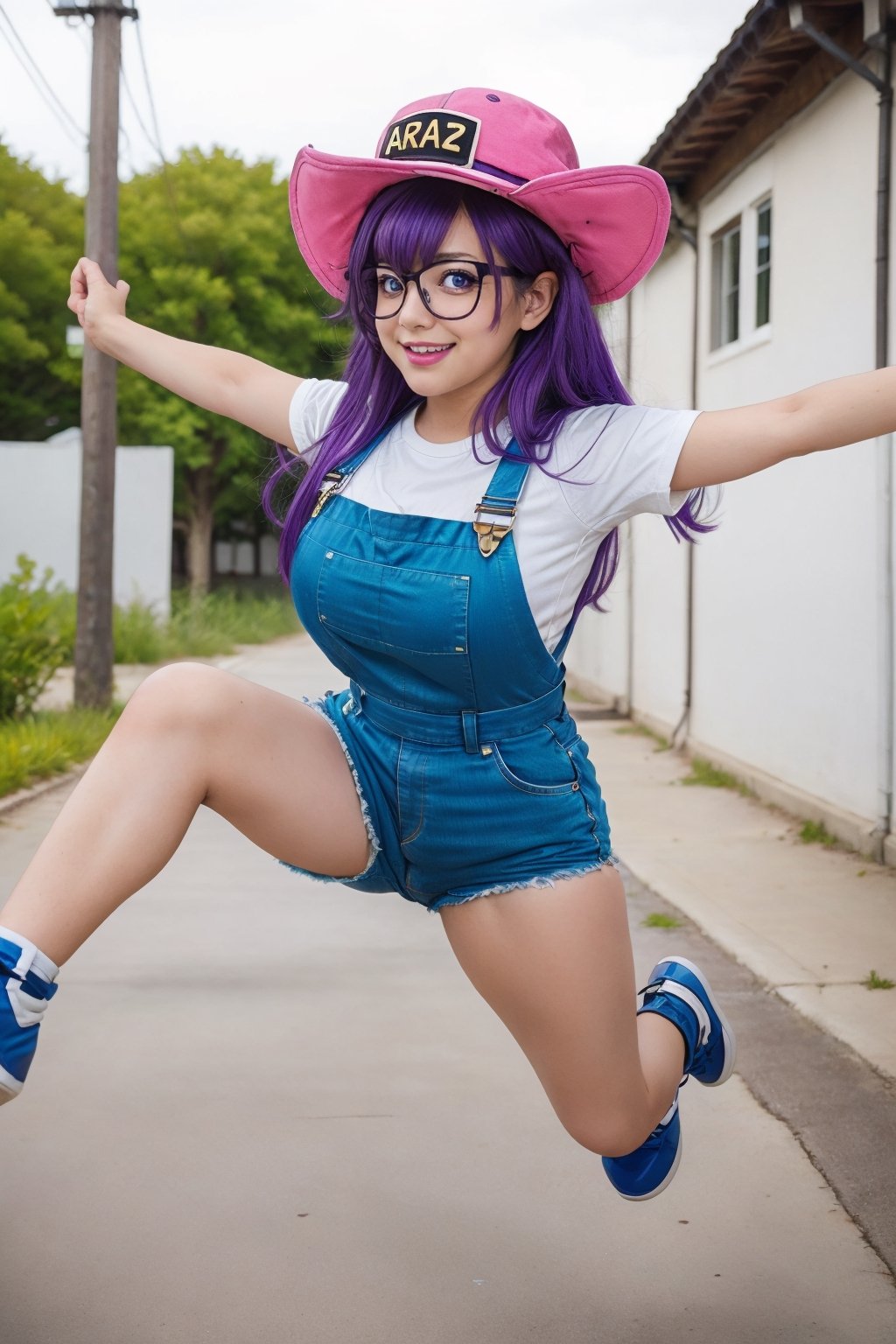 8k,(masterpiece:1.4)(best quality:1.4),(top quality), 1girl,glasses,blue eyes, long hair,purple hair, smiles,short sleeves, wing hat , arale letter in hat, red shirt,blue overalls, village, outdoors,   looking at viewer, solo focus, (shiny skin) , big_boobies, full-body_portrait, running with 2 hand open