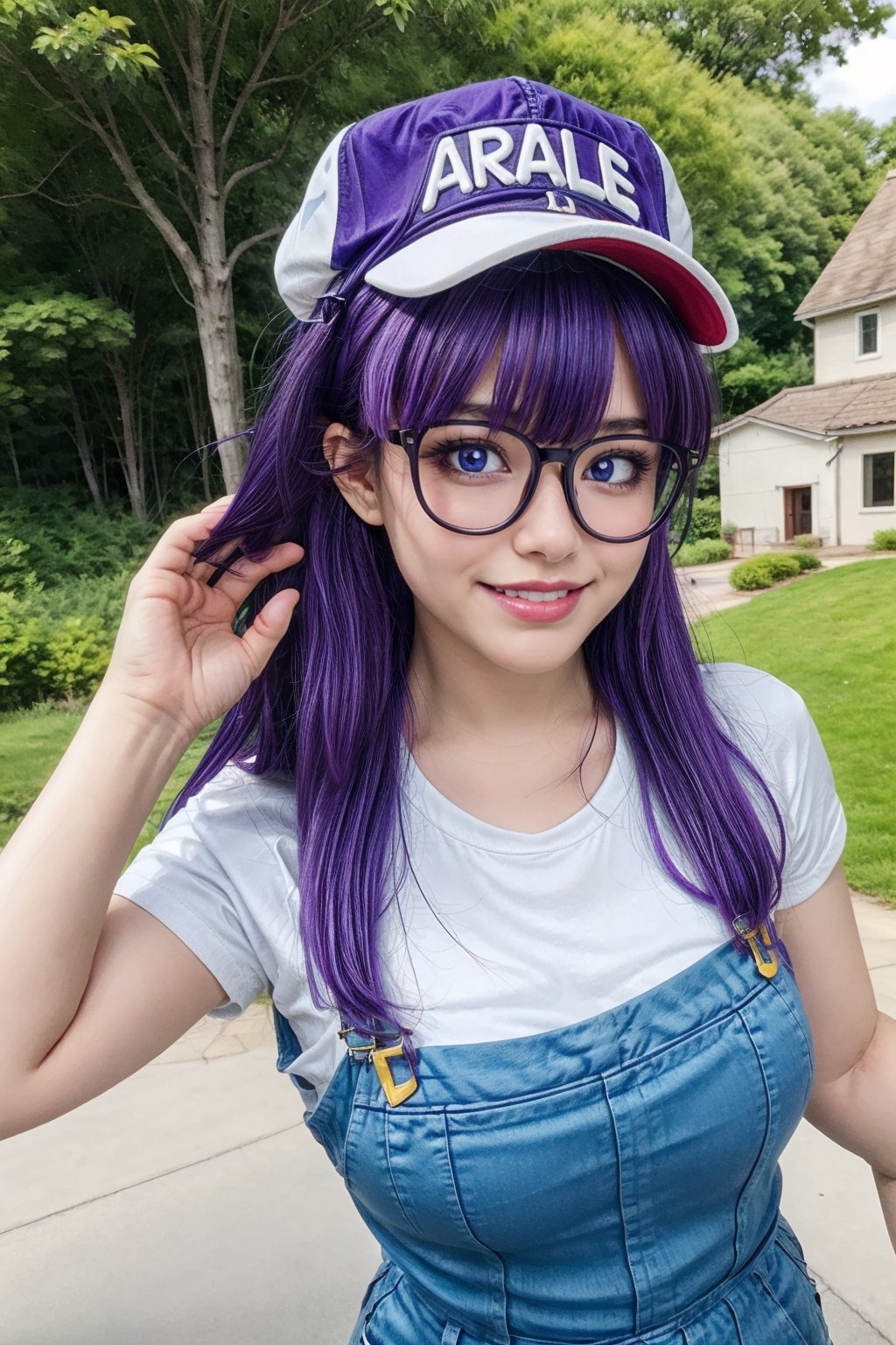 8k,(masterpiece:1.4)(best quality:1.4),(top quality), 1girl,glasses,blue eyes, long hair,purple hair, smiles,short sleeves, wing hat , arale letter in hat, red shirt,blue overalls, village, outdoors,   looking at viewer, solo focus, (shiny skin) , big_boobies, full-body_portrait, running with 2 hand open