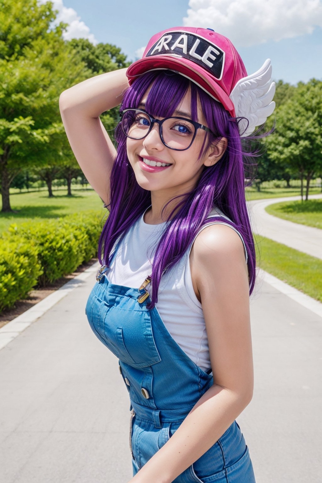 8k,(masterpiece:1.4)(best quality:1.4),(top quality), 1girl,glasses,blue eyes, long hair,purple hair, smiles,short sleeves, wing hat , arale letter in hat, red shirt,blue overalls, village, outdoors,   looking at viewer, solo focus, (shiny skin) , big_boobies, full-body_portrait, running with 2 hand open 