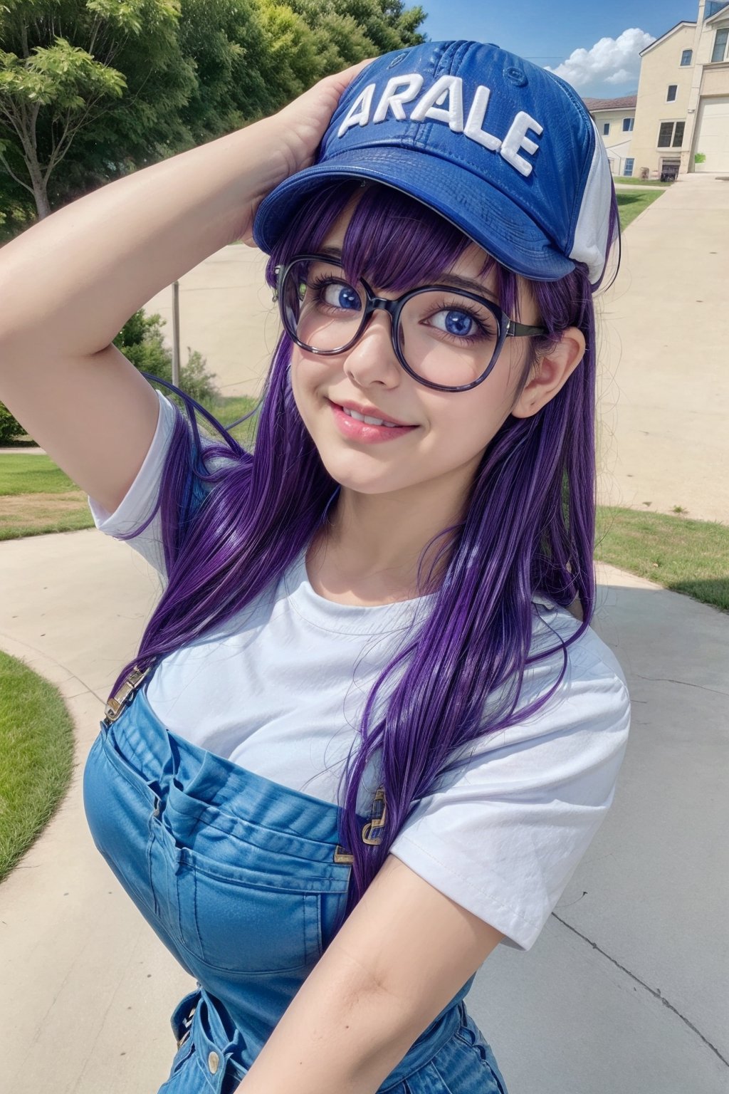 8k,(masterpiece:1.4)(best quality:1.4),(top quality), 1girl,glasses,blue eyes, long hair,purple hair, smiles,short sleeves, wing Baseball cap , arale letter in hat, red shirt,blue overalls, village, outdoors,   looking at viewer, solo focus, (shiny skin) , big_boobies, full-body_portrait, running with 2 hand open