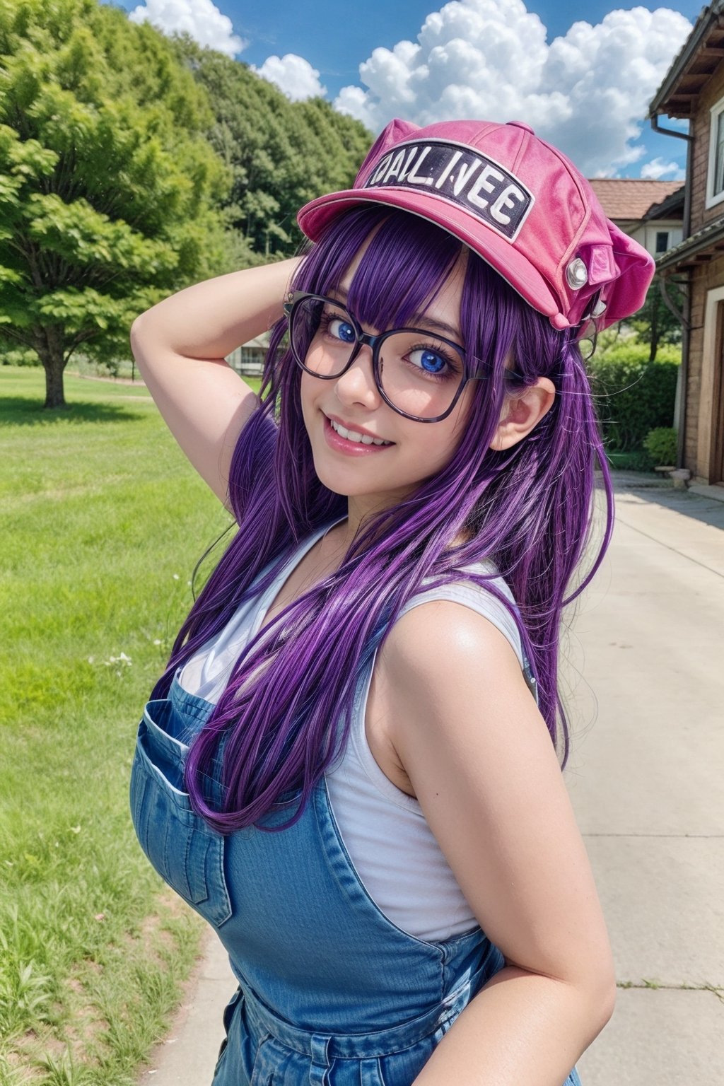 8k,(masterpiece:1.4)(best quality:1.4),(top quality), 1girl,glasses,blue eyes, long hair,purple hair, smiles,short sleeves, wing hat , arale letter in hat, red shirt,blue overalls, village, outdoors,   looking at viewer, solo focus, (shiny skin) , big_boobies, full-body_portrait, running with 2 hand open