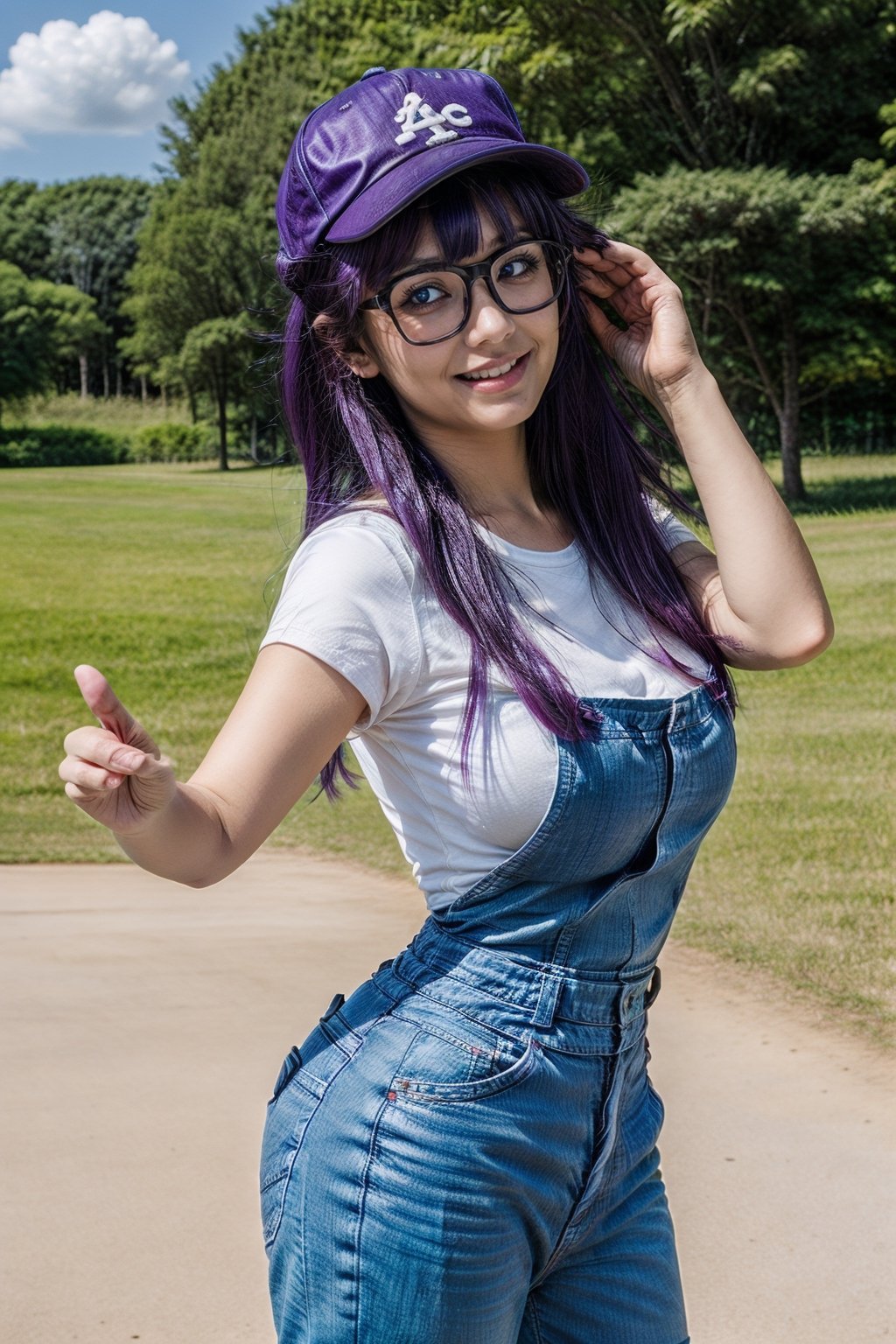 8k,(masterpiece:1.4)(best quality:1.4),(top quality), 1girl,glasses,blue eyes, long hair,purple hair, smiles,short sleeves, wing Baseball cap , arale letter in hat, red shirt,blue overalls, village, outdoors,   looking at viewer, solo focus, (shiny skin) , big_boobies, full-body_portrait, running with 2 hand open, arale