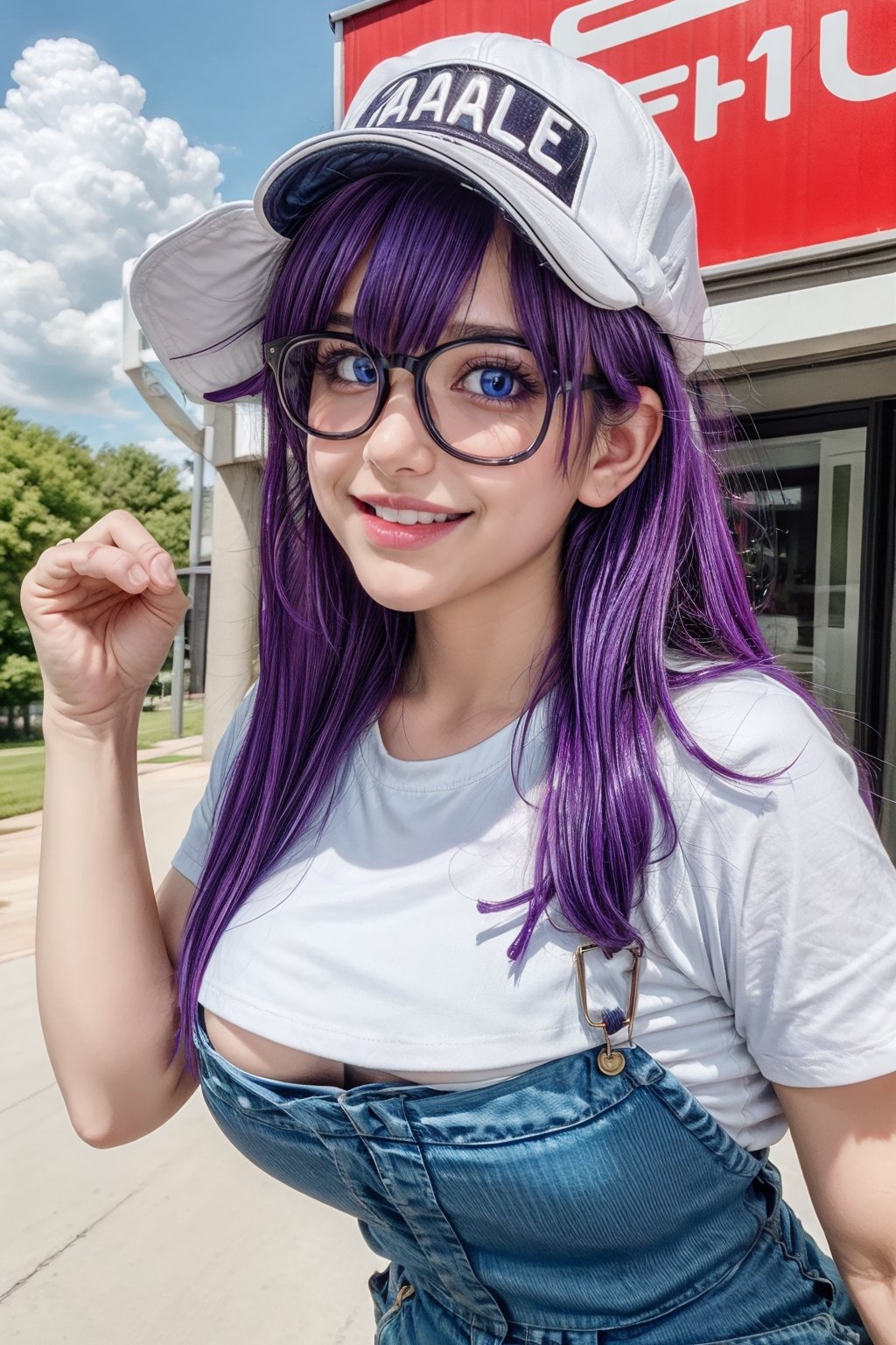 8k,(masterpiece:1.4)(best quality:1.4),(top quality), 1girl,glasses,blue eyes, long hair,purple hair, smiles,short sleeves, wing Baseball cap , arale letter in hat, red shirt,blue overalls, village, outdoors,   looking at viewer, solo focus, (shiny skin) , big_boobies, full-body_portrait, running with 2 hand open