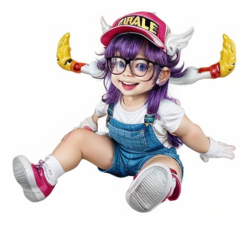 8k,(masterpiece:1.4)(best quality:1.4),(top quality), 1girl,glasses,blue eyes, long hair,purple hair, smiles,short sleeves, wing hat , arale letter in hat, red shirt,blue overalls, village, outdoors,   looking at viewer, solo focus, (shiny skin) , big_boobies, full-body_portrait, running with 2 hand open