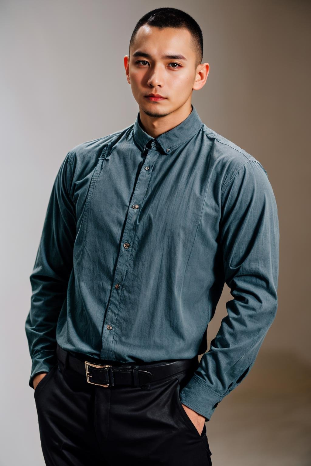 boy01, photographed on a Nikon Z7 II Mirrorless Camera,120mm F/4 wide-anglebest quality, masterpiece, ultra detailed, cowboy shot, 1boy, black eyes, facial hair, lips, long sleeves, male focus, pants, realistic, shirt, simple background, solo<lora:more_details:0.3> <lora:add_detail:0.3>   <lora:boy01_SDLife_Chiasedamme_v1.0:0.6>