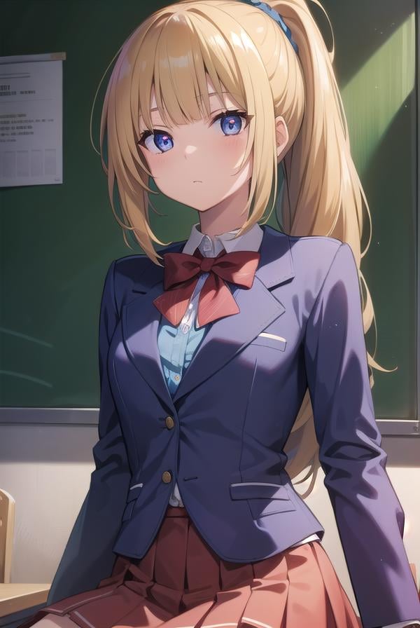 keikaruizawa, <lora:keikaruizawatest:1>, kei karuizawa, long hair, bangs, blunt bangs, (purple eyes:1.1), blonde hair, shirt, hair ornament, ponytail, scrunchie, blue scrunchie, (small breast:1.2),BREAK skirt, shirt, bow, school uniform, jacket, (red jacket:1.2), pleated skirt, bowtie, sweater, (blue bow:1.2), (blue shirt:1.2),BREAK indoors, classroom,BREAK looking at viewer, BREAK <lora:GoodHands-vanilla:1>, (masterpiece:1.2), best quality, high resolution, unity 8k wallpaper, (illustration:0.8), (beautiful detailed eyes:1.6), extremely detailed face, perfect lighting, extremely detailed CG, (perfect hands, perfect anatomy),