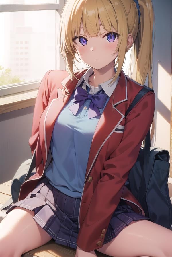 keikaruizawa, <lora:keikaruizawatest:1>, kei karuizawa, long hair, bangs, blunt bangs, (purple eyes:1.1), blonde hair, shirt, hair ornament, ponytail, scrunchie, blue scrunchie, (small breast:1.2),BREAK skirt, shirt, bow, school uniform, jacket, (red jacket:1.2), pleated skirt, bowtie, sweater, (blue bow:1.2), (blue shirt:1.2),BREAK indoors, classroom,BREAK looking at viewer, BREAK <lora:GoodHands-vanilla:1>, (masterpiece:1.2), best quality, high resolution, unity 8k wallpaper, (illustration:0.8), (beautiful detailed eyes:1.6), extremely detailed face, perfect lighting, extremely detailed CG, (perfect hands, perfect anatomy),