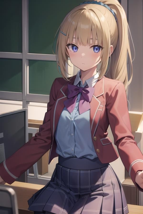 keikaruizawa, <lora:keikaruizawatest:1>, kei karuizawa, long hair, bangs, blunt bangs, (purple eyes:1.1), blonde hair, shirt, hair ornament, ponytail, scrunchie, blue scrunchie, (small breast:1.2),BREAK skirt, shirt, bow, school uniform, jacket, (red jacket:1.2), pleated skirt, bowtie, sweater, (blue bow:1.2), (blue shirt:1.2),BREAK indoors, classroom,BREAK looking at viewer, BREAK <lora:GoodHands-vanilla:1>, (masterpiece:1.2), best quality, high resolution, unity 8k wallpaper, (illustration:0.8), (beautiful detailed eyes:1.6), extremely detailed face, perfect lighting, extremely detailed CG, (perfect hands, perfect anatomy),