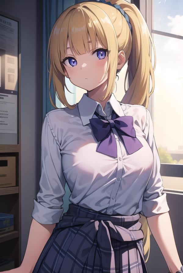 keikaruizawa, <lora:keikaruizawatest:1>, kei karuizawa, long hair, bangs, blunt bangs, (purple eyes:1.1), blonde hair, shirt, hair ornament, ponytail, scrunchie, blue scrunchie, BREAK skirt, shirt, bow, school uniform, pleated skirt, bowtie, sweater, (blue bow:1.2), white shirt, (clothes around waist:1.2),BREAK indoors, classroom,BREAK looking at viewer, BREAK <lora:GoodHands-vanilla:1>, (masterpiece:1.2), best quality, high resolution, unity 8k wallpaper, (illustration:0.8), (beautiful detailed eyes:1.6), extremely detailed face, perfect lighting, extremely detailed CG, (perfect hands, perfect anatomy),