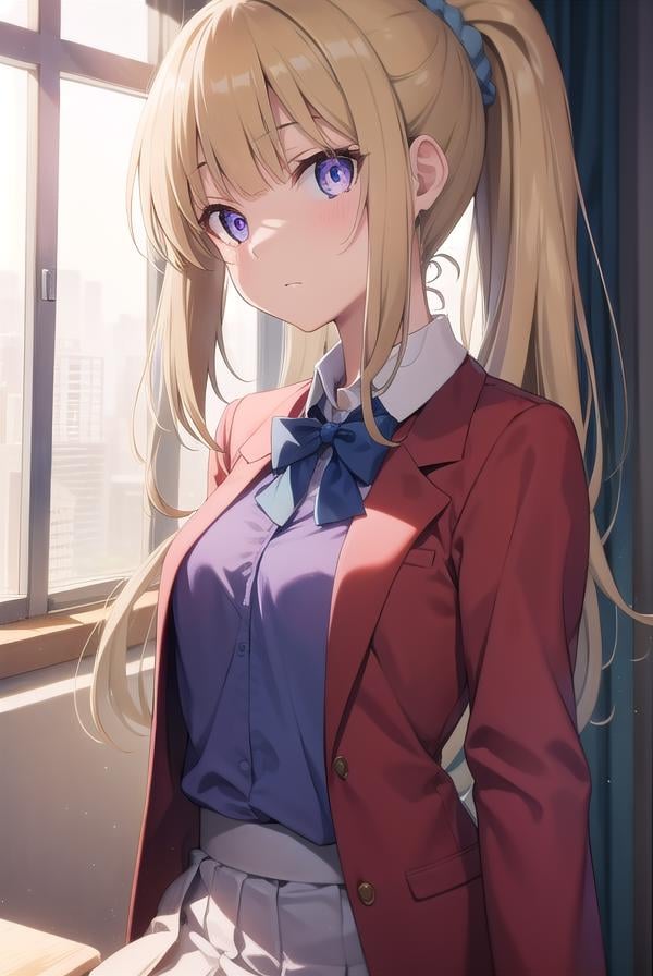 keikaruizawa, <lora:keikaruizawatest:1>, kei karuizawa, long hair, bangs, blunt bangs, (purple eyes:1.1), blonde hair, shirt, hair ornament, ponytail, scrunchie, blue scrunchie, (small breast:1.2),BREAK skirt, shirt, bow, school uniform, jacket, (red jacket:1.2), pleated skirt, bowtie, sweater, (blue bow:1.2), (blue shirt:1.2),BREAK indoors, classroom,BREAK looking at viewer, BREAK <lora:GoodHands-vanilla:1>, (masterpiece:1.2), best quality, high resolution, unity 8k wallpaper, (illustration:0.8), (beautiful detailed eyes:1.6), extremely detailed face, perfect lighting, extremely detailed CG, (perfect hands, perfect anatomy),