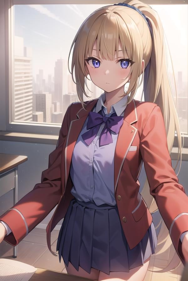 keikaruizawa, <lora:keikaruizawatest:1>, kei karuizawa, long hair, bangs, blunt bangs, (purple eyes:1.1), blonde hair, shirt, hair ornament, ponytail, scrunchie, blue scrunchie, (small breast:1.2),BREAK skirt, shirt, bow, school uniform, jacket, (red jacket:1.2), pleated skirt, bowtie, sweater, (blue bow:1.2), (blue shirt:1.2),BREAK indoors, classroom,BREAK looking at viewer, BREAK <lora:GoodHands-vanilla:1>, (masterpiece:1.2), best quality, high resolution, unity 8k wallpaper, (illustration:0.8), (beautiful detailed eyes:1.6), extremely detailed face, perfect lighting, extremely detailed CG, (perfect hands, perfect anatomy),