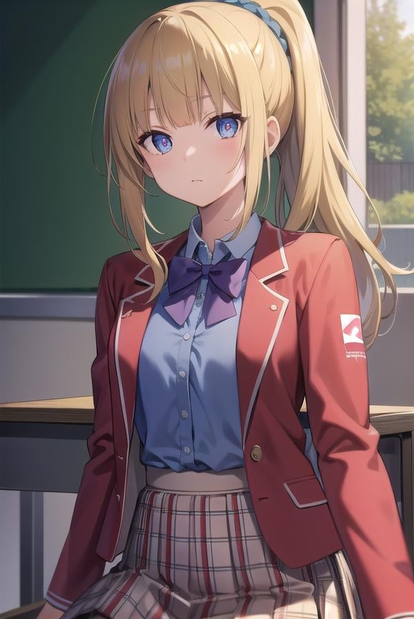 keikaruizawa, <lora:keikaruizawatest:1>, kei karuizawa, long hair, bangs, blunt bangs, (purple eyes:1.1), blonde hair, shirt, hair ornament, ponytail, scrunchie, blue scrunchie, (small breast:1.2),BREAK skirt, shirt, bow, school uniform, jacket, (red jacket:1.2), pleated skirt, bowtie, sweater, (blue bow:1.2), (blue shirt:1.2),BREAK indoors, classroom,BREAK looking at viewer, BREAK <lora:GoodHands-vanilla:1>, (masterpiece:1.2), best quality, high resolution, unity 8k wallpaper, (illustration:0.8), (beautiful detailed eyes:1.6), extremely detailed face, perfect lighting, extremely detailed CG, (perfect hands, perfect anatomy),