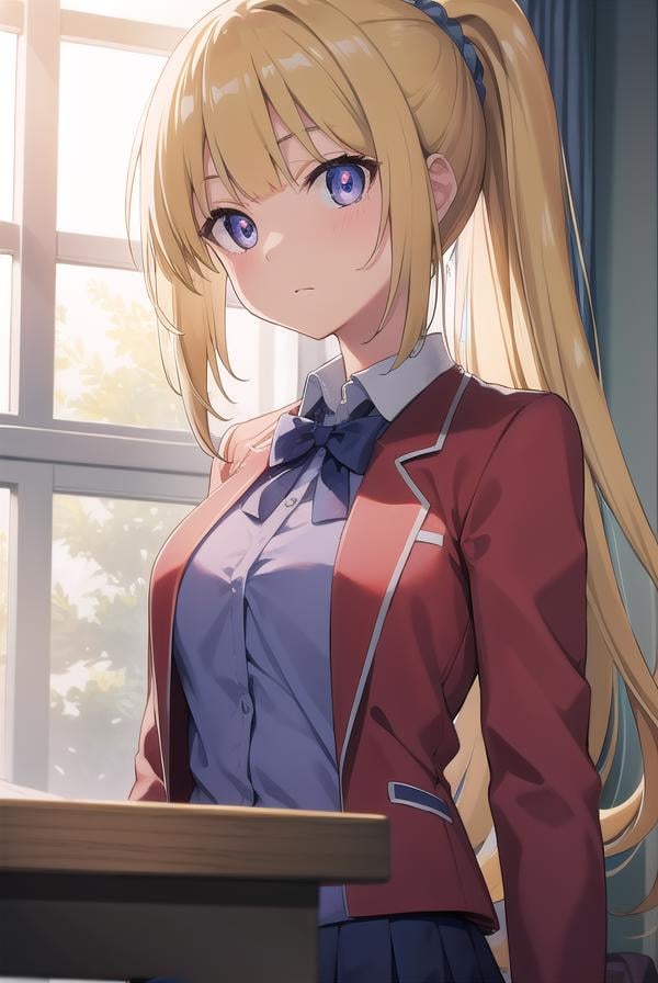 keikaruizawa, <lora:keikaruizawatest:1>, kei karuizawa, long hair, bangs, blunt bangs, (purple eyes:1.1), blonde hair, shirt, hair ornament, ponytail, scrunchie, blue scrunchie, BREAK skirt, shirt, bow, school uniform, jacket, (red jacket:1.2), pleated skirt, bowtie, sweater, (blue bow:1.2), (blue shirt:1.2),BREAK indoors, classroom,BREAK looking at viewer, BREAK <lora:GoodHands-vanilla:1>, (masterpiece:1.2), best quality, high resolution, unity 8k wallpaper, (illustration:0.8), (beautiful detailed eyes:1.6), extremely detailed face, perfect lighting, extremely detailed CG, (perfect hands, perfect anatomy),