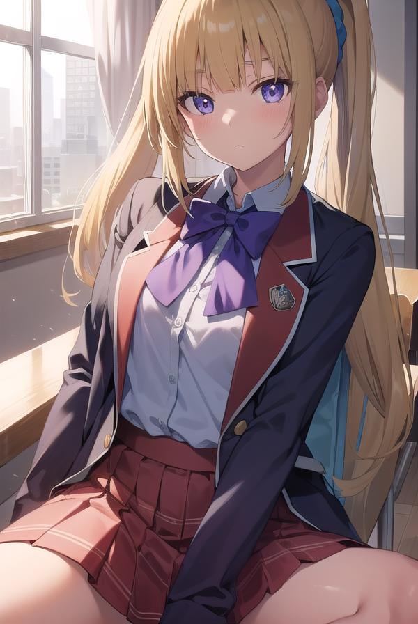 keikaruizawa, <lora:keikaruizawatest:1>, kei karuizawa, long hair, bangs, blunt bangs, (purple eyes:1.1), blonde hair, shirt, hair ornament, ponytail, scrunchie, blue scrunchie, (small breast:1.2),BREAK skirt, shirt, bow, school uniform, jacket, (red jacket:1.2), pleated skirt, bowtie, sweater, (blue bow:1.2), (blue shirt:1.2),BREAK indoors, classroom,BREAK looking at viewer, BREAK <lora:GoodHands-vanilla:1>, (masterpiece:1.2), best quality, high resolution, unity 8k wallpaper, (illustration:0.8), (beautiful detailed eyes:1.6), extremely detailed face, perfect lighting, extremely detailed CG, (perfect hands, perfect anatomy),