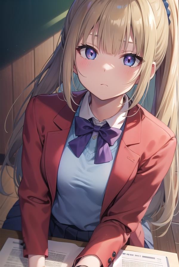 keikaruizawa, <lora:keikaruizawatest:1>, kei karuizawa, long hair, bangs, blunt bangs, (purple eyes:1.1), blonde hair, shirt, hair ornament, ponytail, scrunchie, blue scrunchie, (small breast:1.2),BREAK skirt, shirt, bow, school uniform, jacket, (red jacket:1.2), pleated skirt, bowtie, sweater, (blue bow:1.2), (blue shirt:1.2),BREAK indoors, classroom,BREAK looking at viewer, BREAK <lora:GoodHands-vanilla:1>, (masterpiece:1.2), best quality, high resolution, unity 8k wallpaper, (illustration:0.8), (beautiful detailed eyes:1.6), extremely detailed face, perfect lighting, extremely detailed CG, (perfect hands, perfect anatomy),