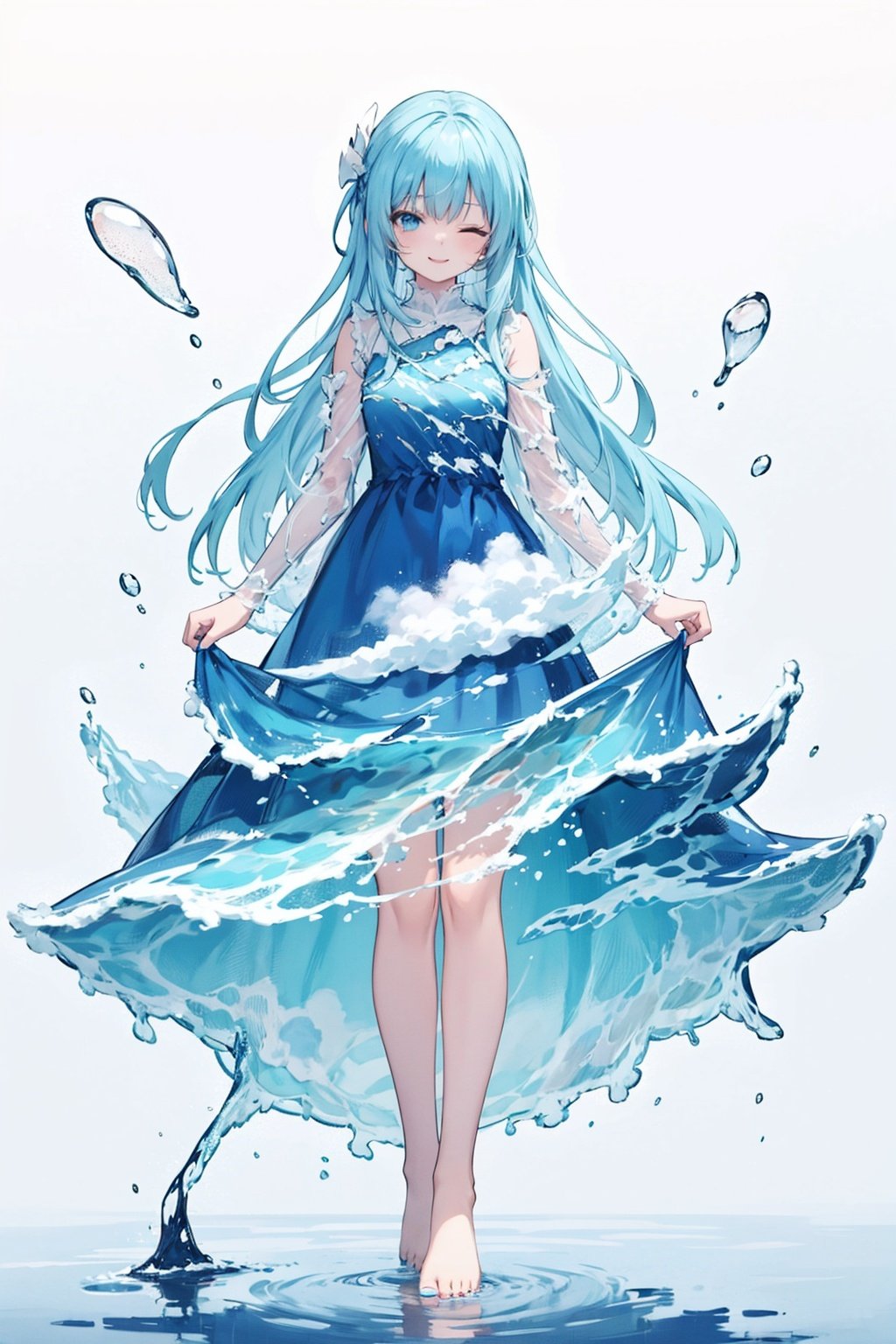 1girl, solo, ((liquid clothes)), <lora:LiquidClothesV2:1>,liquid clothes, blue theme, 1girl, solo, long hair, dress, barefoot, blue hair, one eye closed, blue eyes, blue nails, nail polish, toenail polish, cloud, toenails, full body, very long hair, sky print, blue dress, standing, sleeveless, looking at viewer, smile