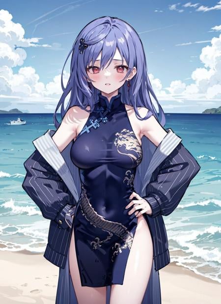 1girl,solo,large breasts, red eyes,irisxstanding,hand on hip,seaside,blue sky, blush, china dress,  <lora:KisakiChinaDress:0.9>,, <lora:IrisHeart:0.75>,irisx,vertical-striped jacket, off shoulder, 