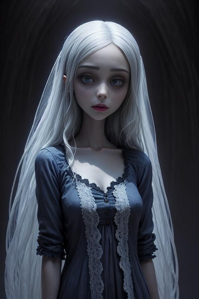 Forest night view, a girl with white hair and a dark background, eerie and mysterious,po_hs, <lora:zombie bride:0.25>