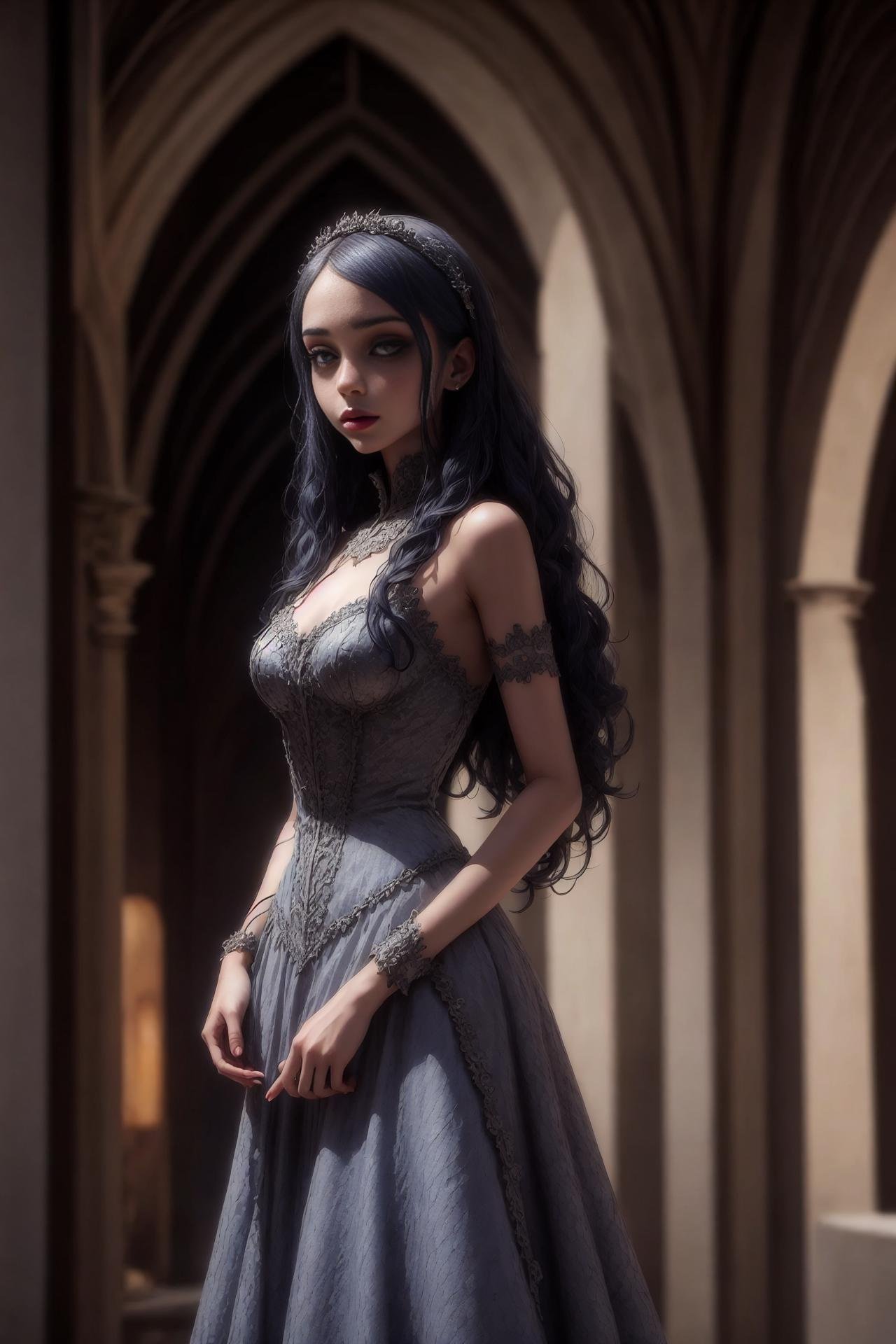 A beautiful girl wearing a detailed Gothic dress stood inside the Gothic architecture，texture, po_hs,<lora:zombie bride-000010:0.25>