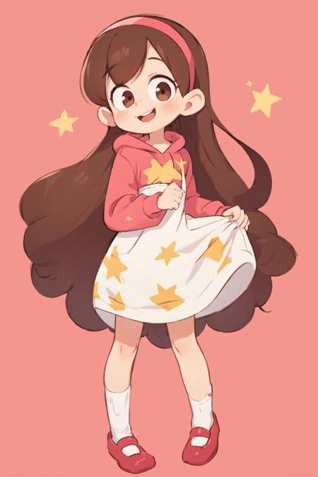 <lora:MabelPinesV0.2:0.9> mabelpines, 1girl, long hair, brown hair, hairband, big eyes, smile, braces, flat chest, sweter, star print, skirt, socks, simple background