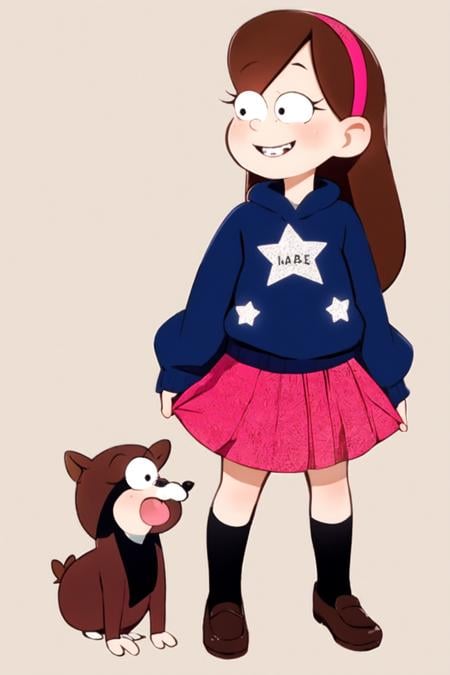 <lora:MabelPinesV0.2:1> mabelpines, 1girl, long hair, brown hair, hairband, dot eyes, smile, braces, sweter, star print, skirt, socks, simple background