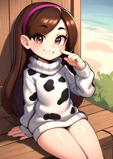 <lora:GoodHands-beta2:1> 1girl, <lora:MabelPinesV0.2:0.75> mabelpines, long hair, brown hair, hairband, smile, braces, flat chest, sweater, <lora:cow_printConv2D:1> cow print sweater, cowboy shot, thick thighs, sitting, <lora:zako:0.5> <lora:wamudraws:0.4> 