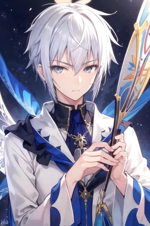 masterpiece, best quality, wallpaper, 1boy, solo, male focus, looking at viewer, upper body, depth of field, anime coloring, realistic, <lora:xi_duanmu:0.74>, xi_duanmu, white hair, grey eyes, , , Fairyland: A place where fairies and other magical creatures live,