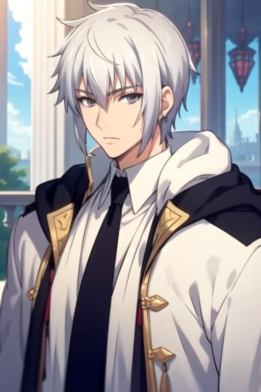 masterpiece, best quality, , 1boy, solo, male focus, looking at viewer, upper body, , anime coloring, realistic, <lora:xi_duanmu:0.66>, xi_duanmu, white hair, grey eyes, , tam, The Palace of Dreams, 12k resolution