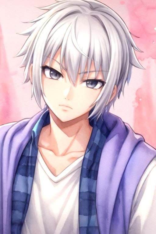 masterpiece, best quality, wallpaper, 1boy, solo, male focus, looking at viewer, upper body, , (watercolor illustration, soft pastel colors:1.1), , <lora:xi_duanmu:0.74>, xi_duanmu, white hair, grey eyes, , , , 4k resolution